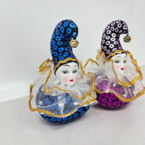 Pin Cushion Harlequin‎ Clowns SET OF 2 Porcelain Painted Face Pierrette Jester - Picture 2 of 10